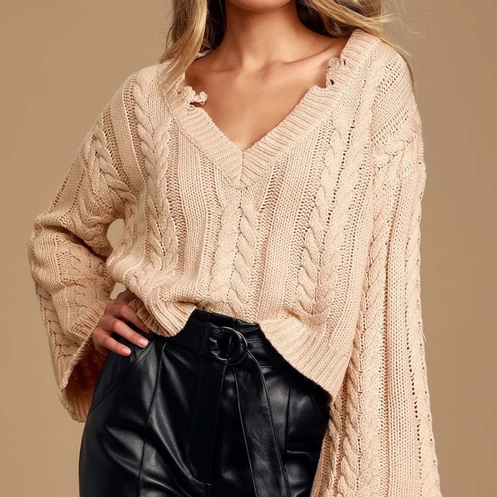 Blush Pink Cable Knit Distressed Sweater